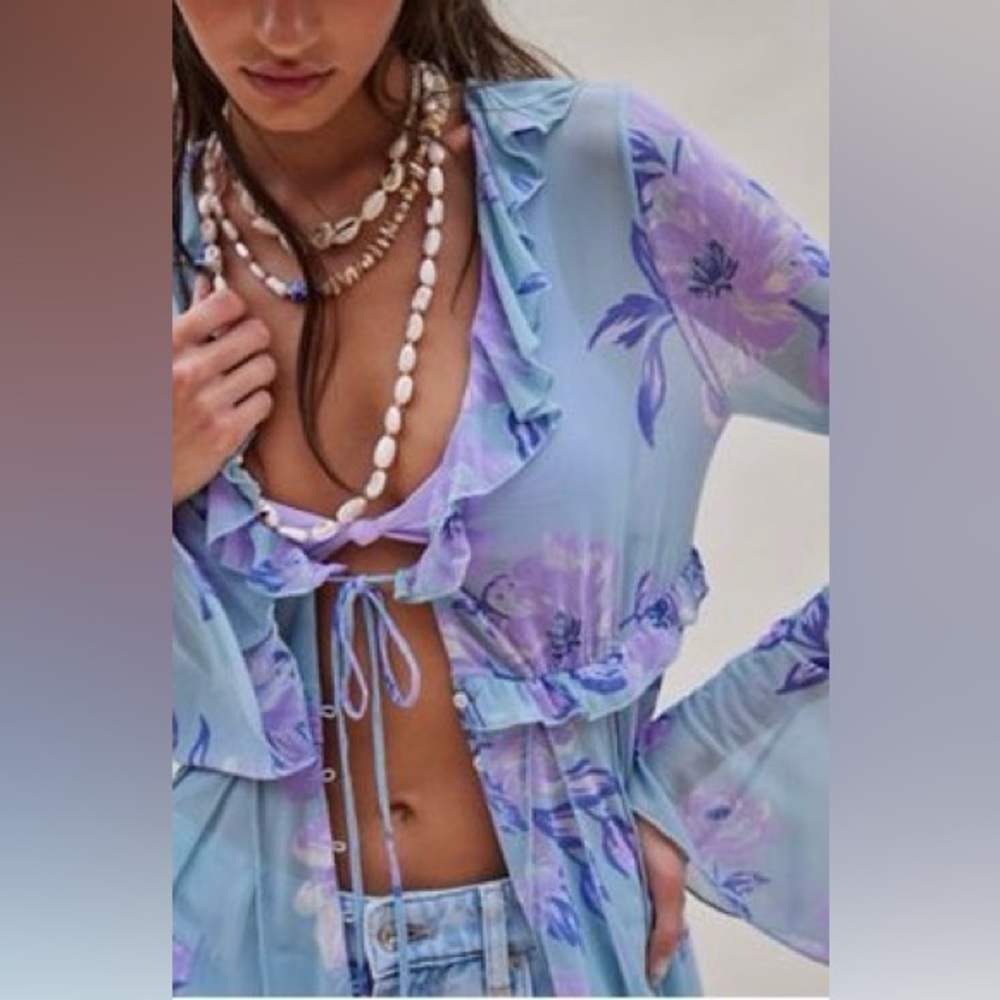 Free People Lavender and Light Blue Floral Mesh Top